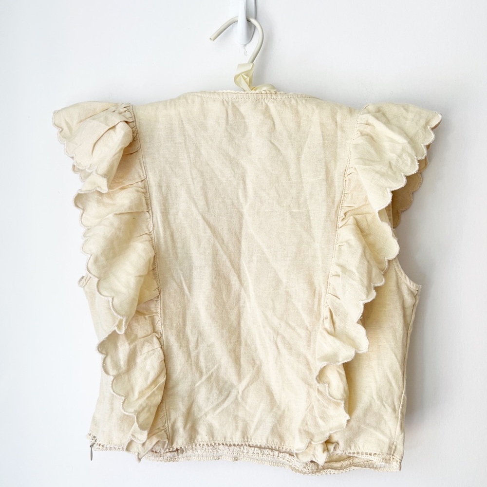 Pimkie Floral Embroidered Ruffle‎ Top Cream Cotton Linen Side Zip Small EU 40 - Picture 3 of 9
